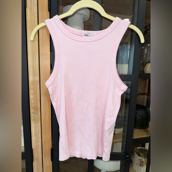 Zara ribbed tank top distressed bubblegum pink cotton fitted tee - Picture 1 of 5